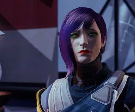 A purple-haired player character and her ghost in Destiny (2014)