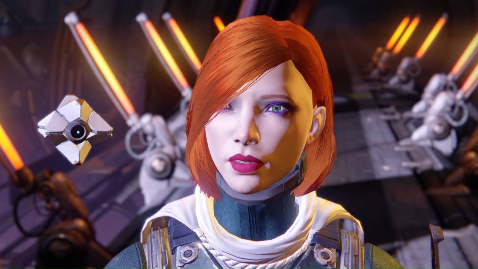 A red-haired player character and her ghost in Destiny 2