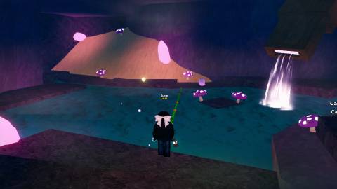 a roblox character fishing  inside coral reef's cave in fish it