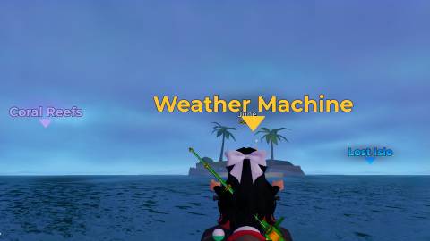 a roblox character heads to weather machine island in fish it