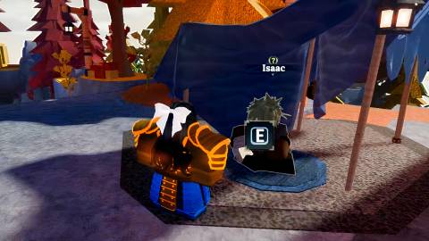 a roblox character interacting with isaac in the forge