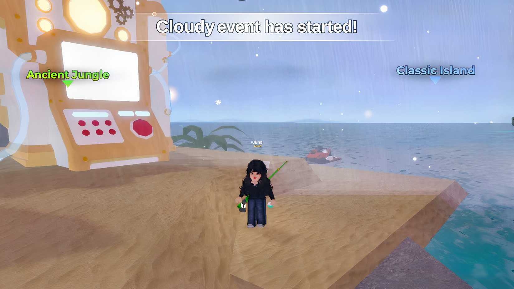 a roblox character started the cloudy weather event in fish it 