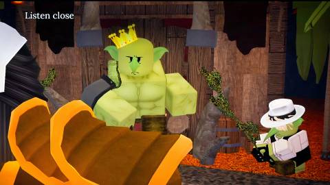 a roblox character starting the goblin king quest in the forge