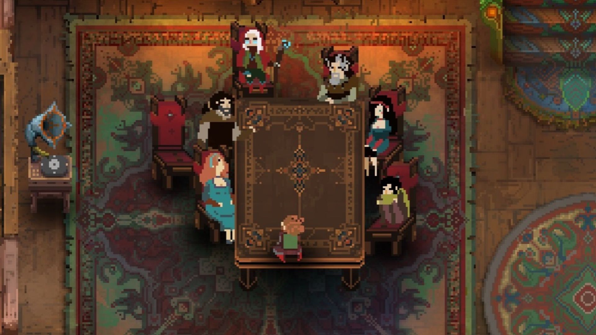 A scene featuring characters around a table in Children Of Morta