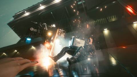 A scene featuring characters escaping drones in Cyberpunk 2077