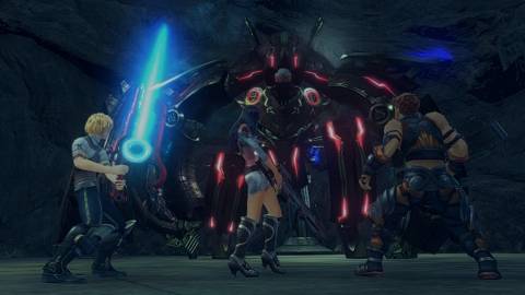 A scene featuring characters facing a mech in Xenoblade Chronicles (2020)