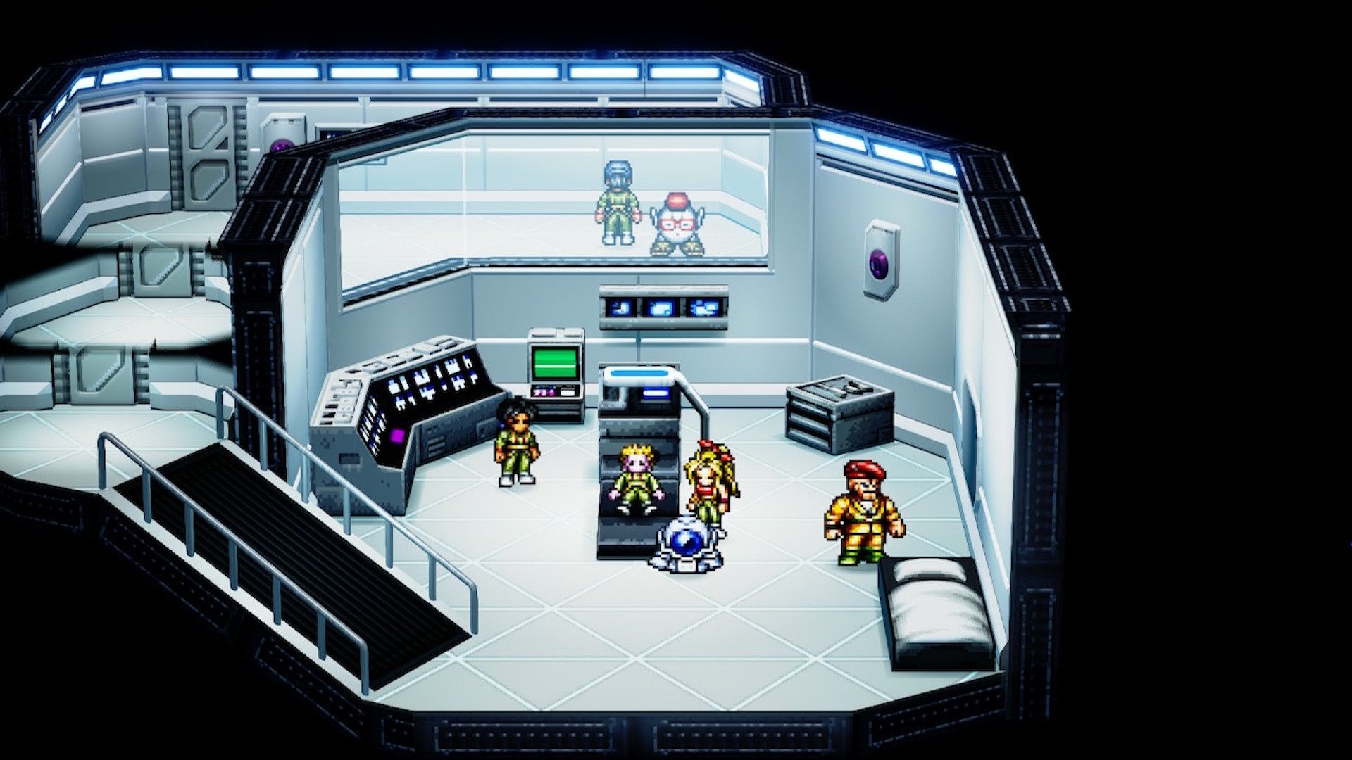 A scene featuring characters in a future setting in Live A Live (2022)