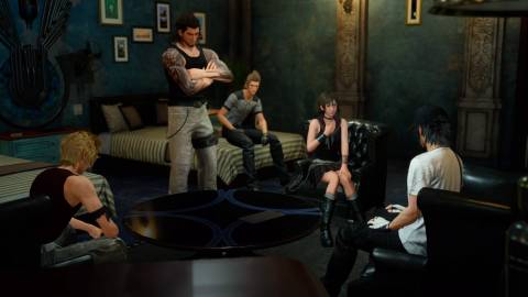 A scene featuring characters in a hotel in Final Fantasy 15