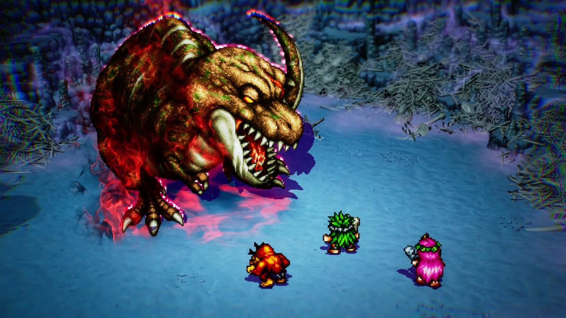 A scene featuring characters in a prehistoric era setting in Live A Live (2022)