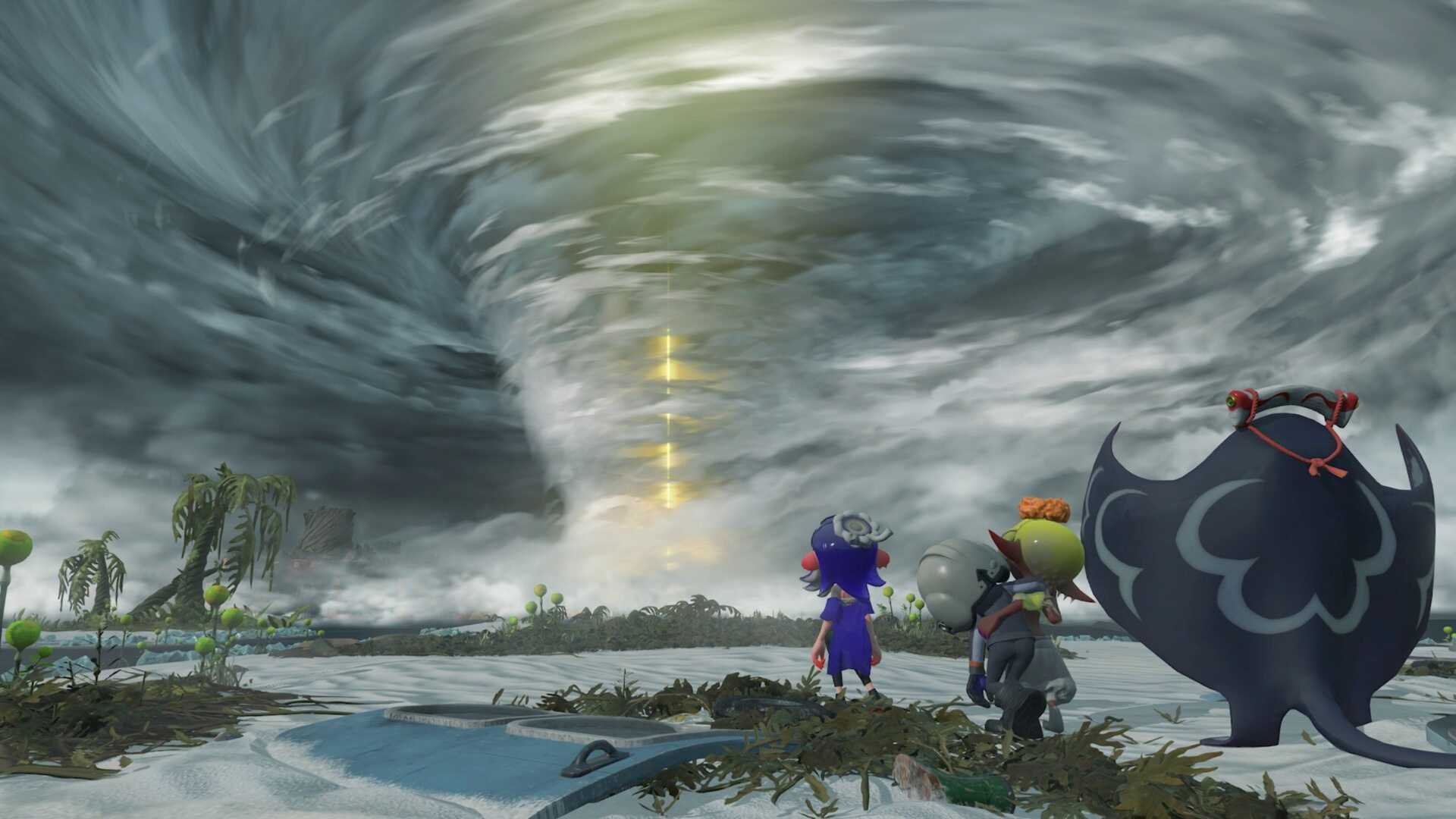 A scene featuring characters looking at a storm in Splatoon Raiders