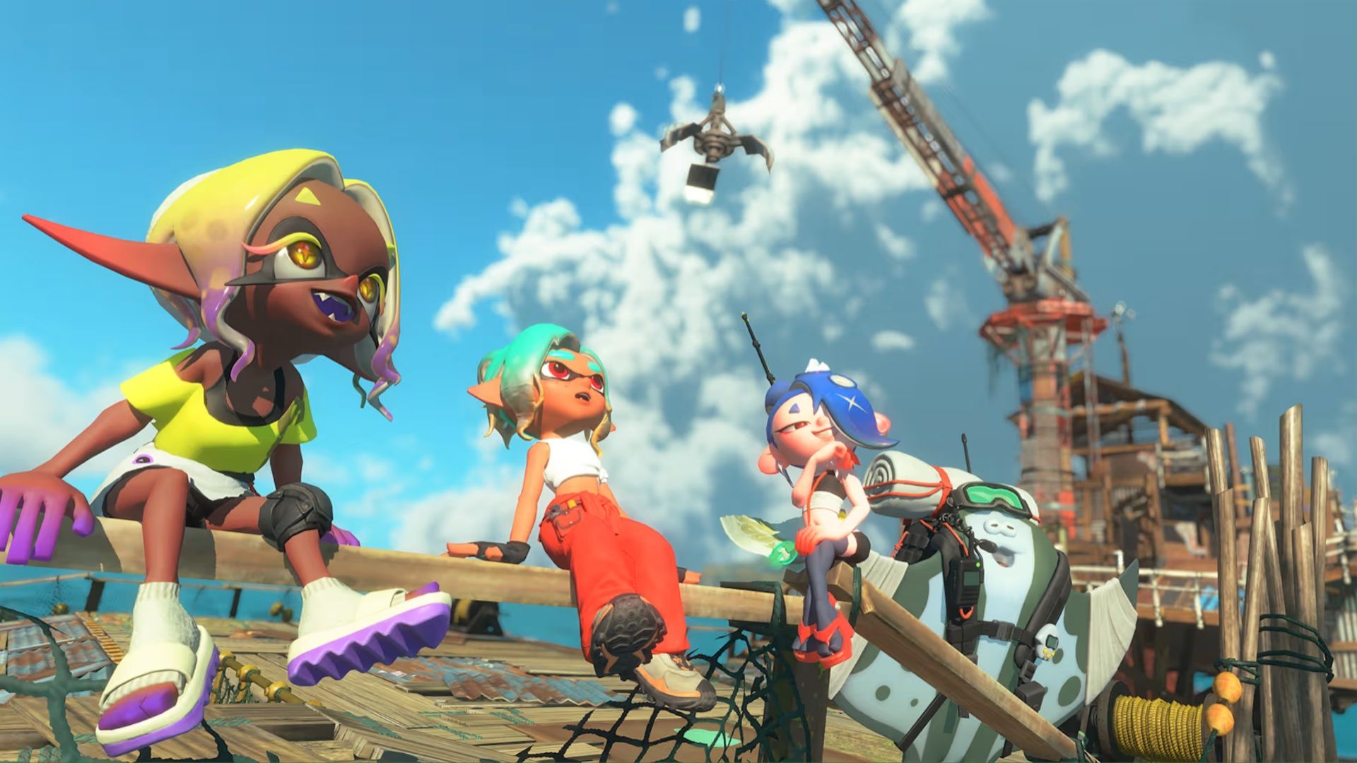A scene featuring characters on a dock in Splatoon Raiders