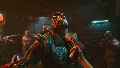 A scene featuring holding up a character in Cyberpunk 2077