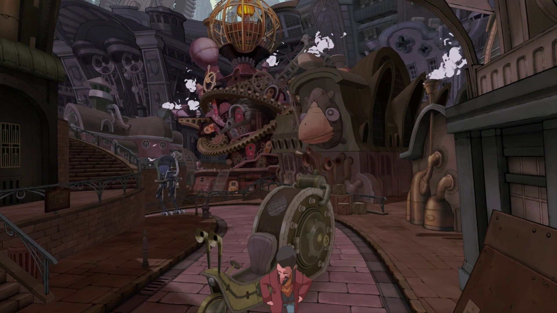 A town square in Professor Layton and the New World of Steam