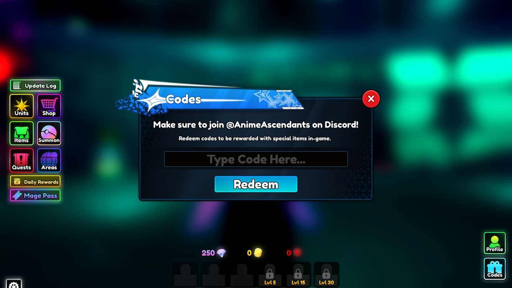 Anime Ascendants the codes tab