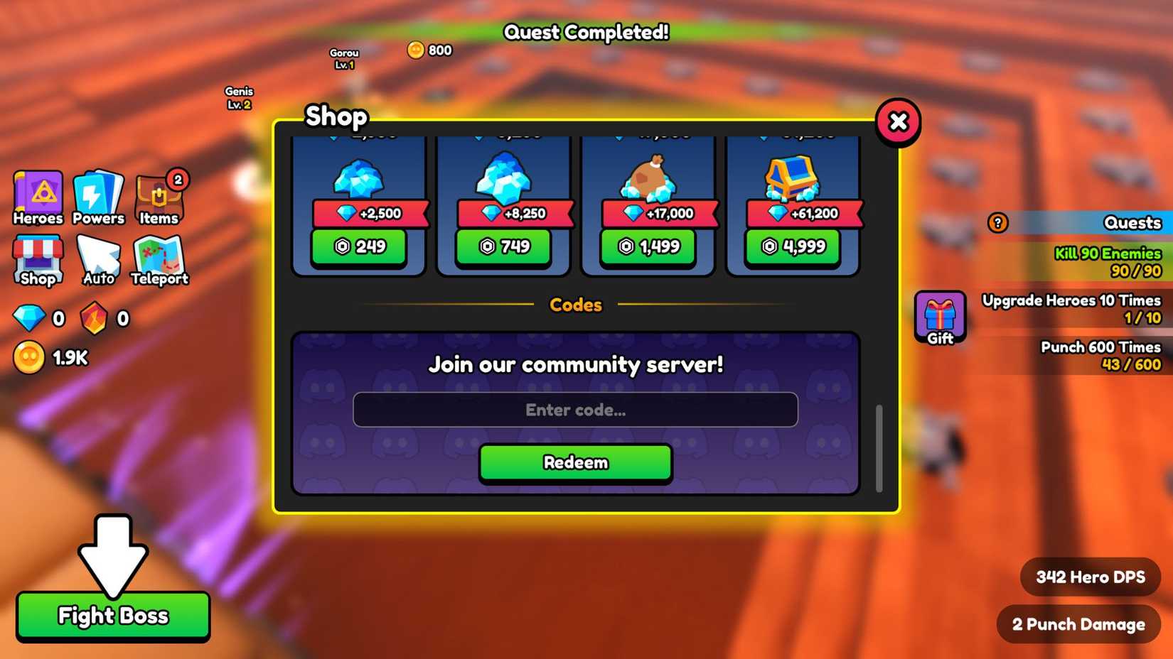 Anime Punch the codes tab