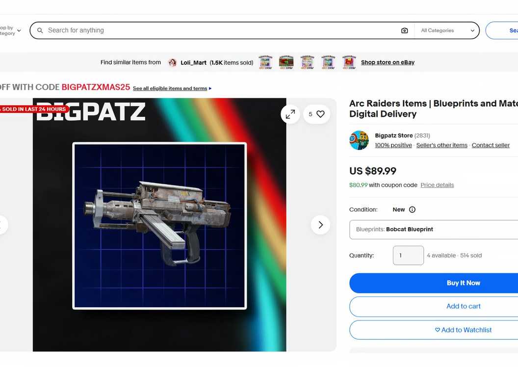 Tampilan listing eBay ARC Raiders yang menunjukkan jual beli item ARC Raiders