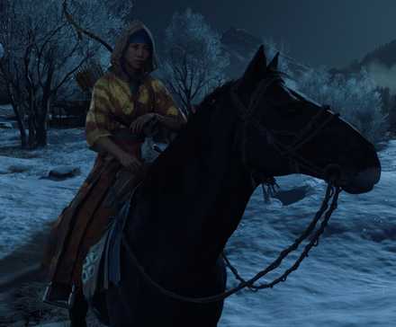 Atsu on a horse in the snow in Ghost of Yotei