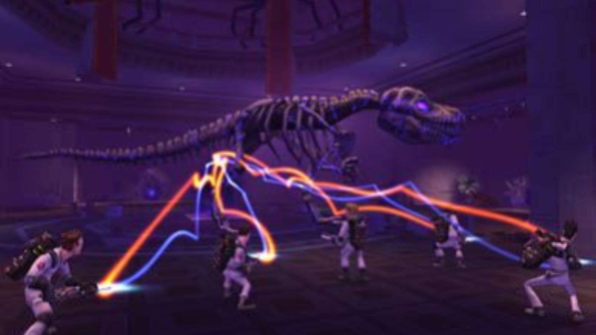 Attacking a dinosaur ghost in Ghostbusters The Video Game (Wii Version)