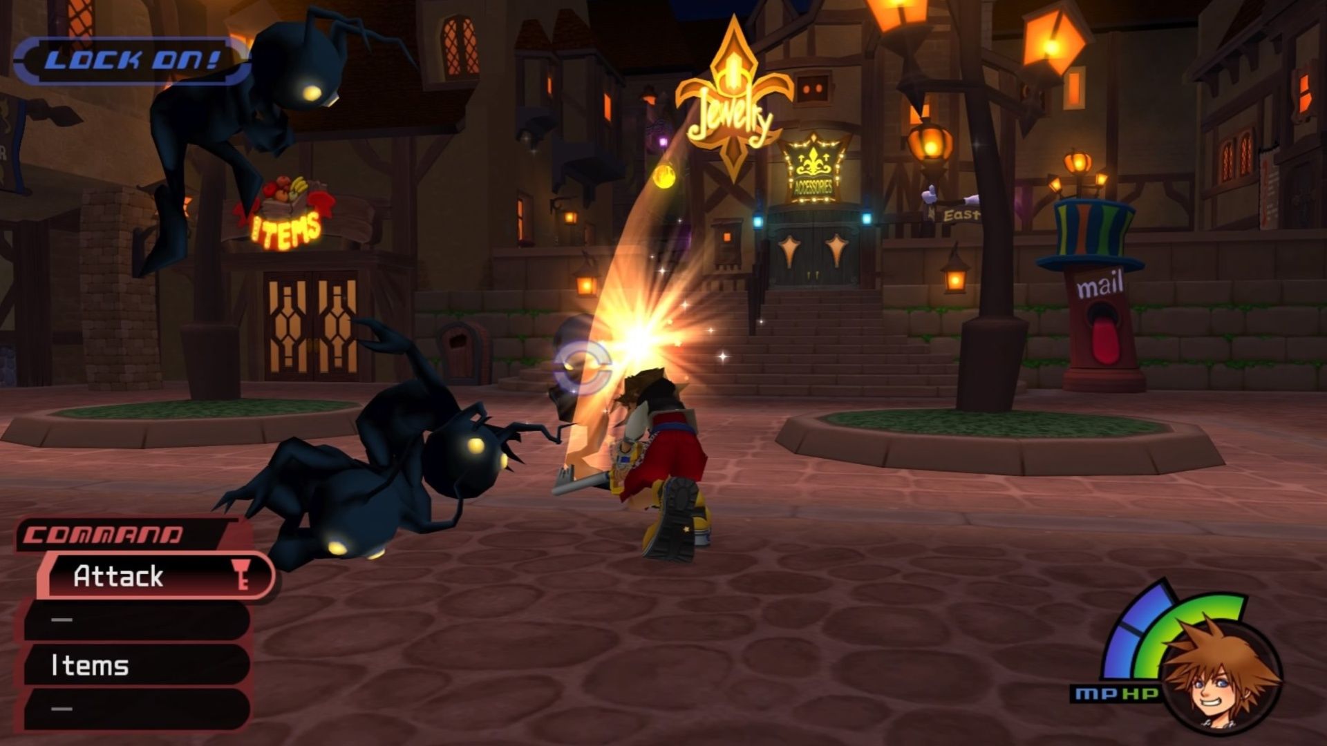 Attacking enemies in Twilight Town in Kingdom Hearts (2002)