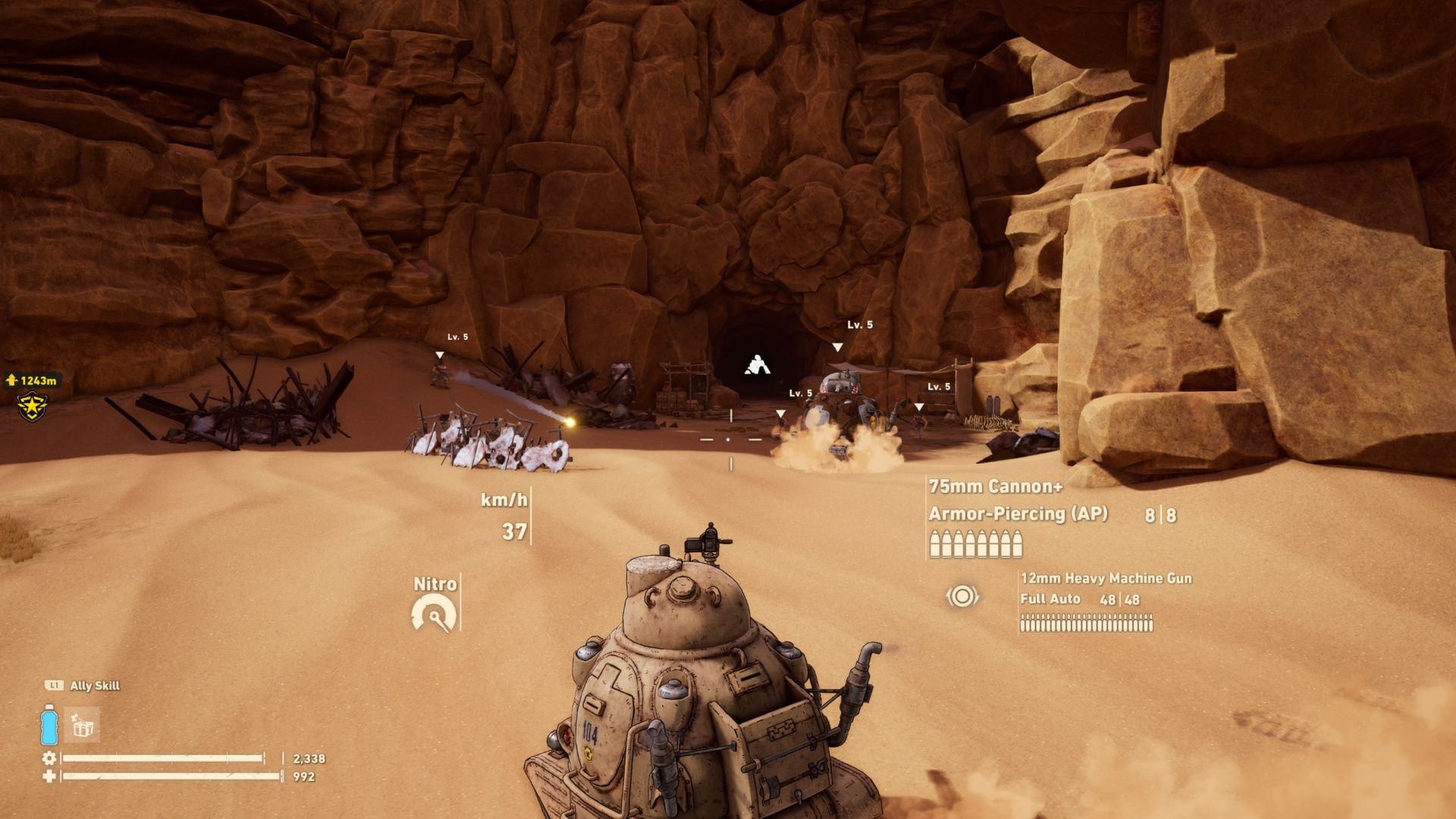 Attacking enemies with a tank in Sand Land