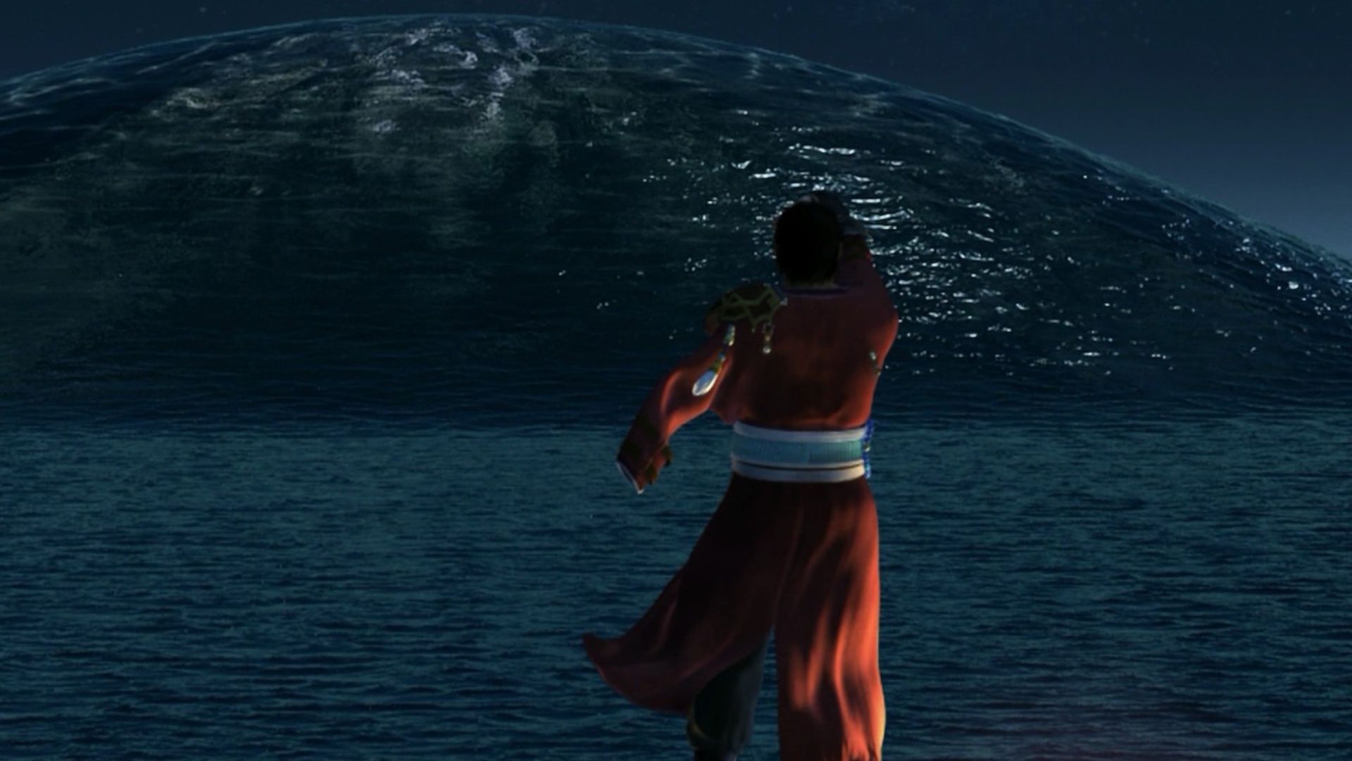 Auron facing a wave in Final Fantasy 10 (2001)