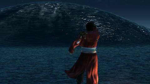 Auron facing a wave in Final Fantasy 10 (2001)