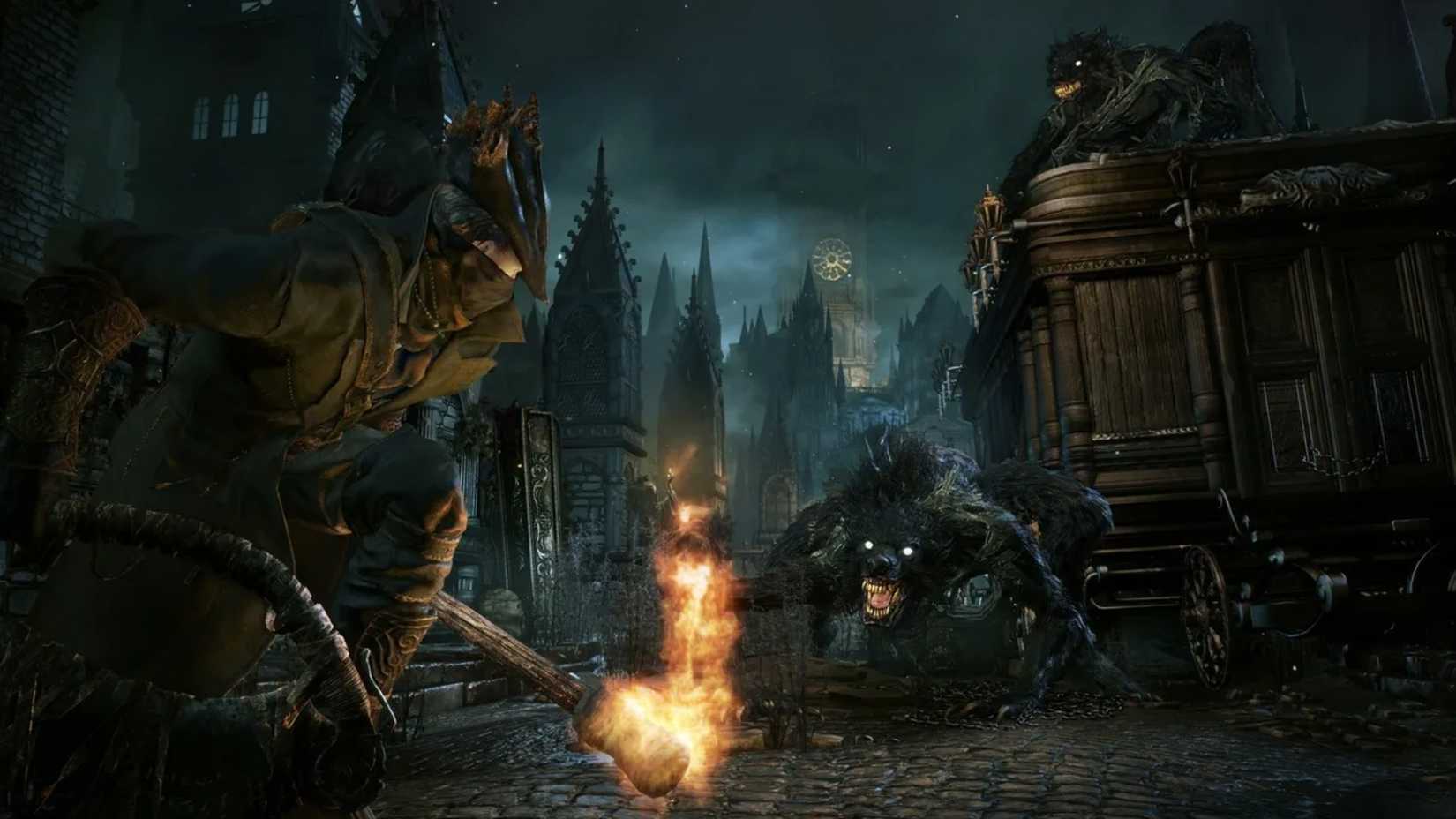 Bloodborne Hunter Faces Wolf-Like Beast 