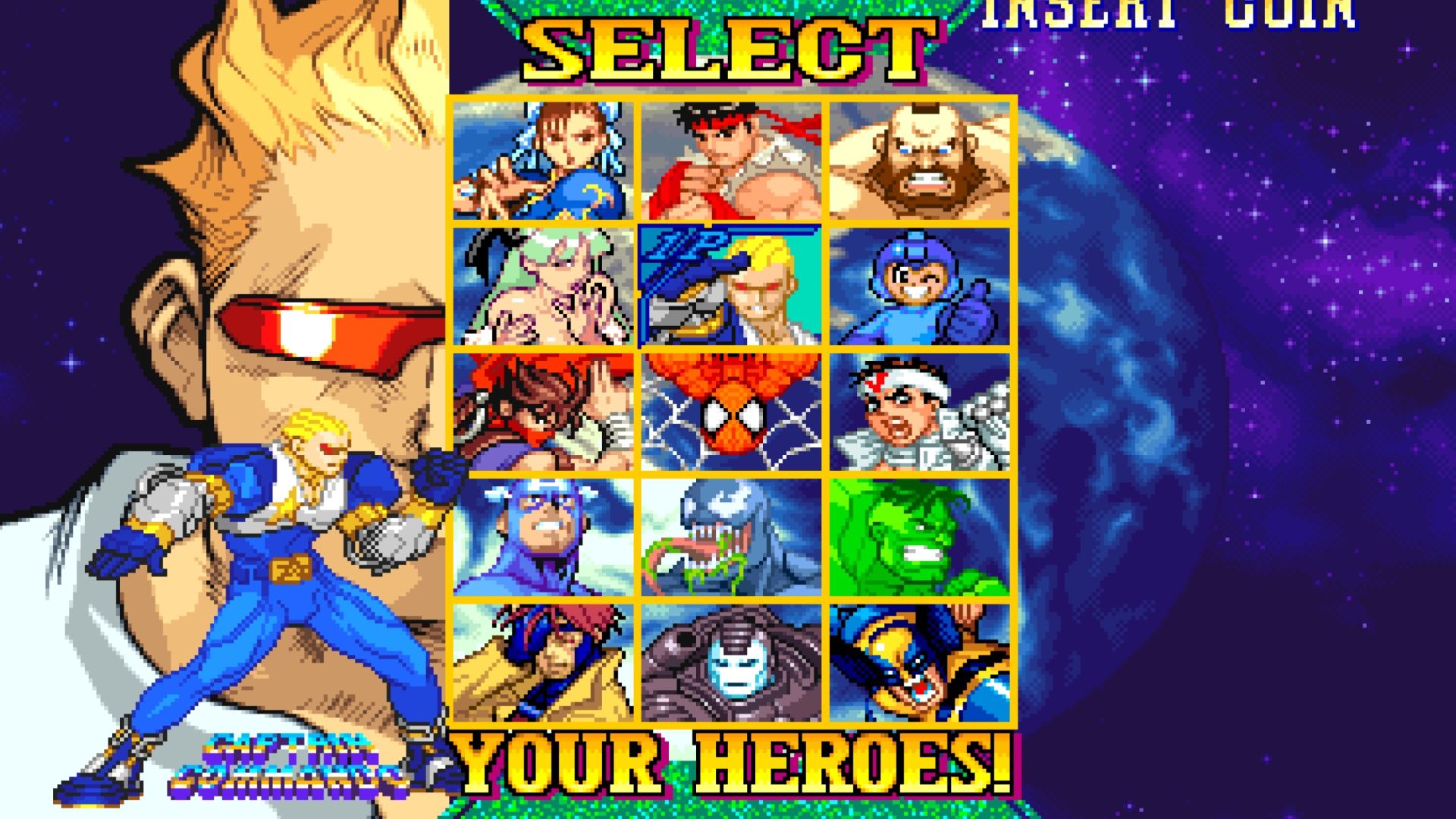 Character select menu in Marvel Vs Capcom Clash Of Super Heroes