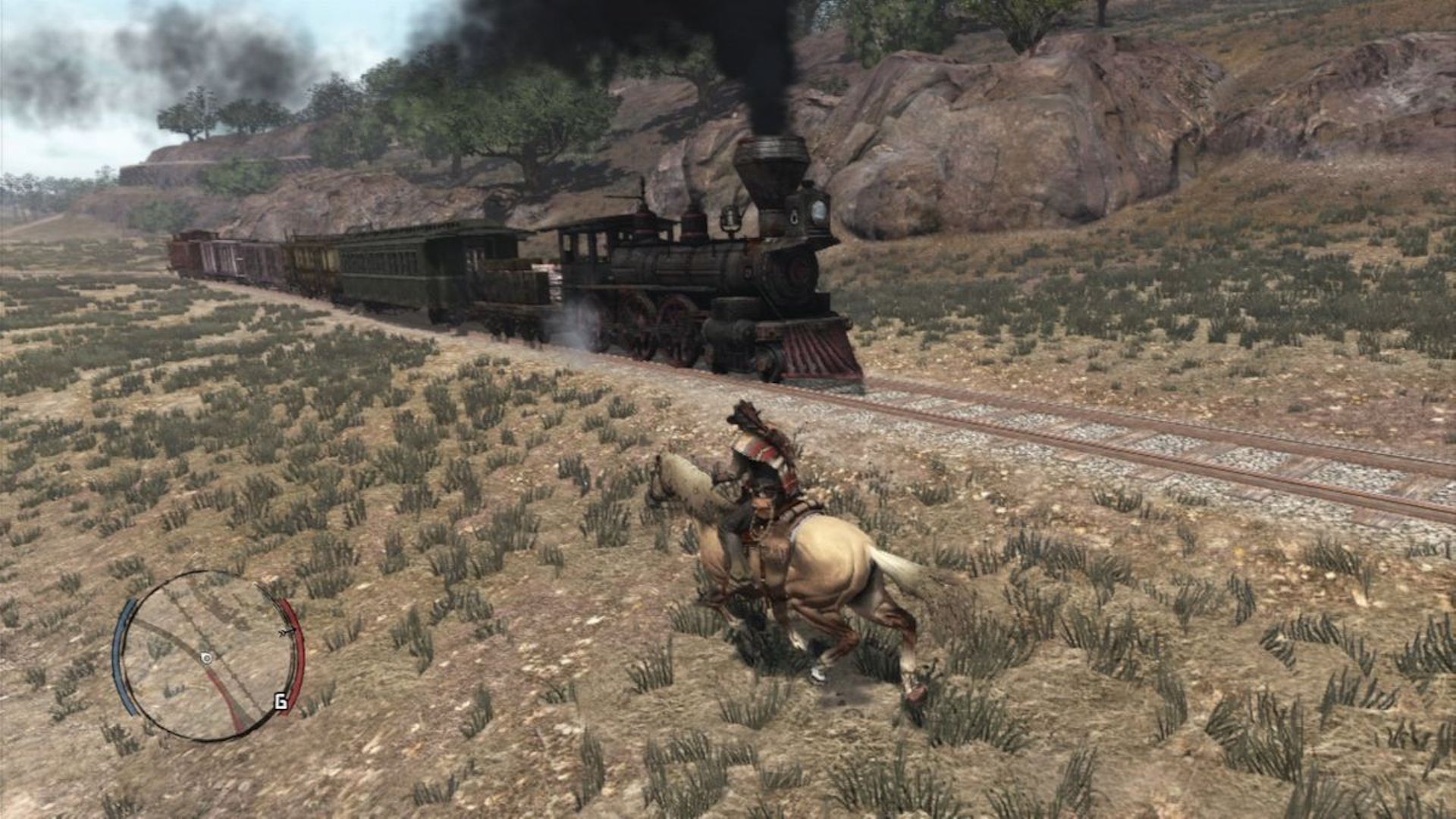 Chasing a train on horseback in Red Dead Redemption (2010)