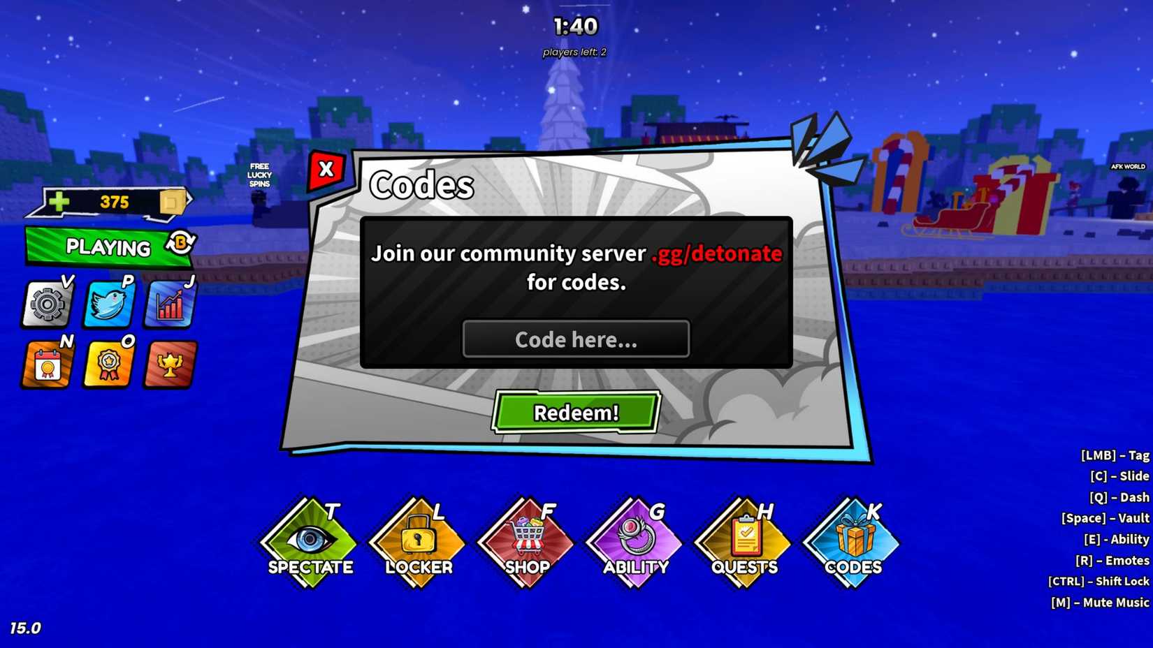 Detonate the codes tab