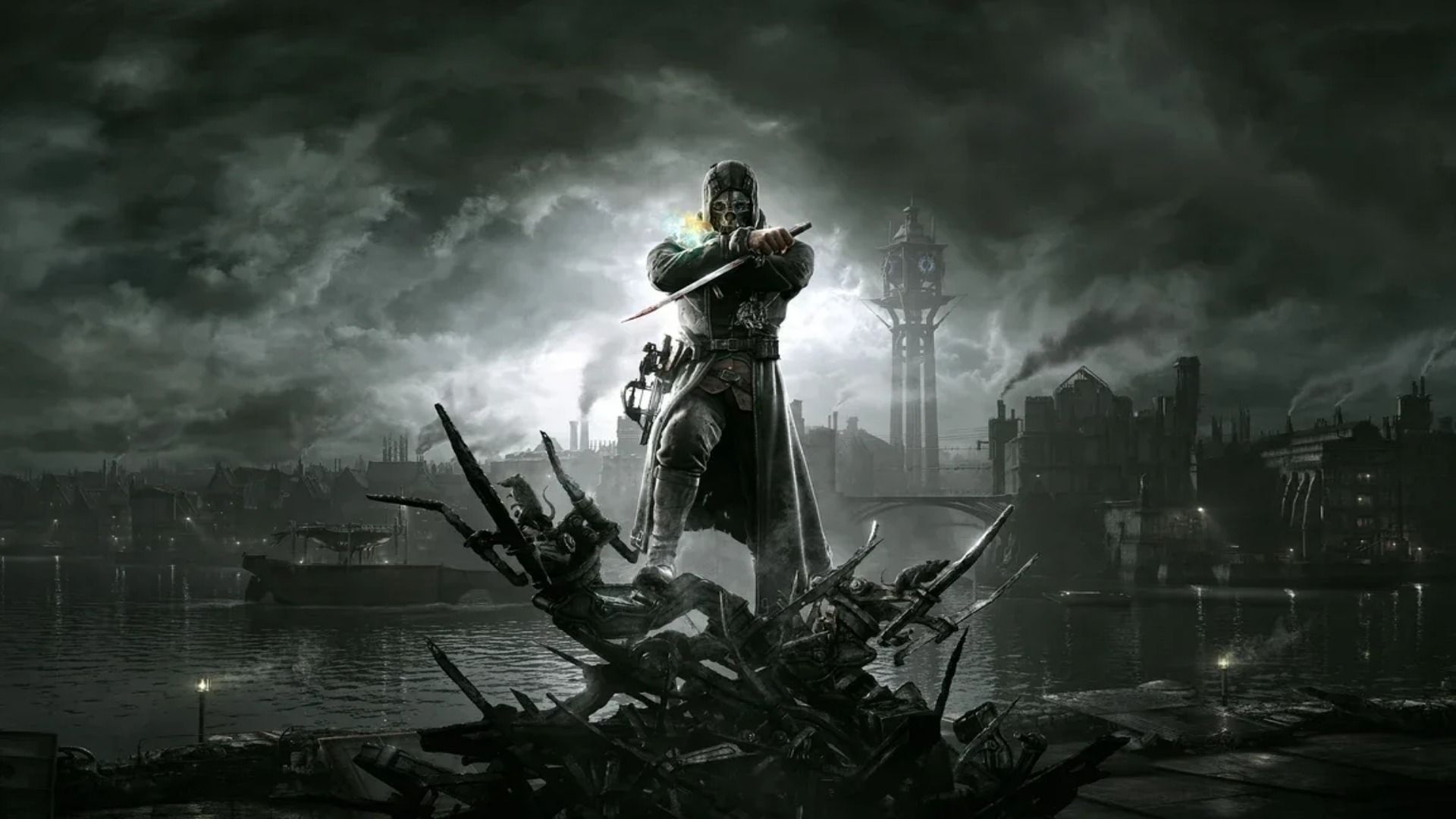 Dishonored Protagonist In Front Of City Backdrop 
