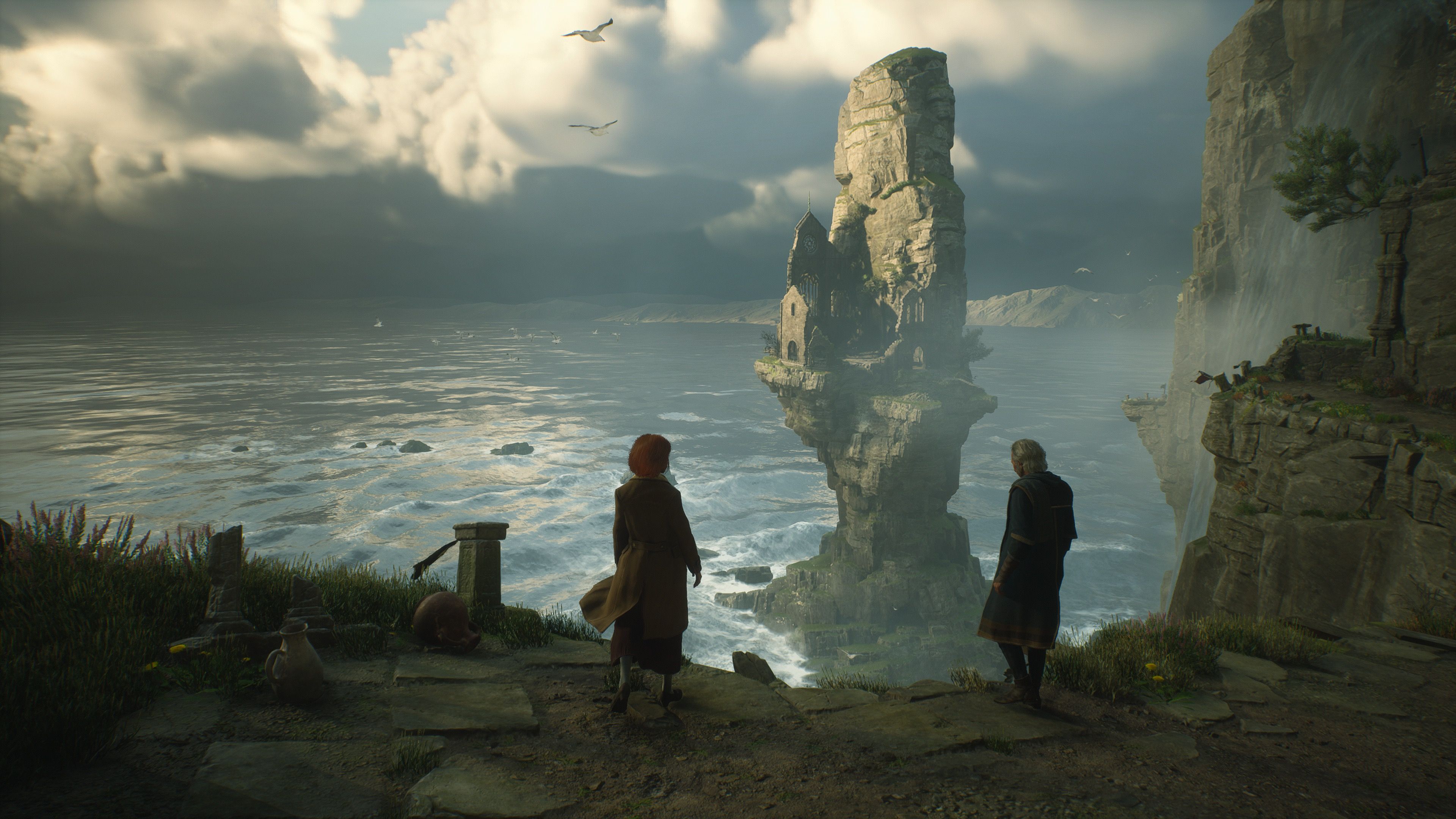 Exploring a cliffside in Hogwarts Legacy (2023)