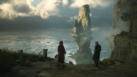 Exploring a cliffside in Hogwarts Legacy (2023)