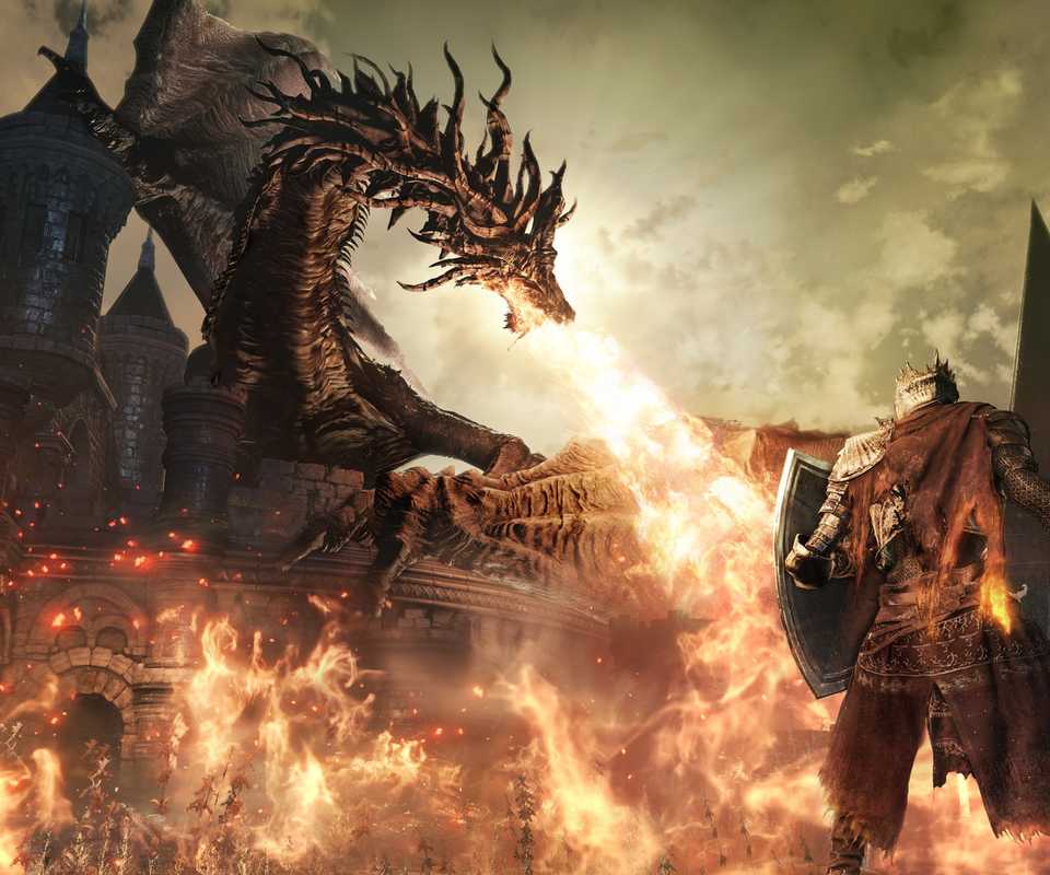 Facing a dragon in Dark Souls 3 (2016)