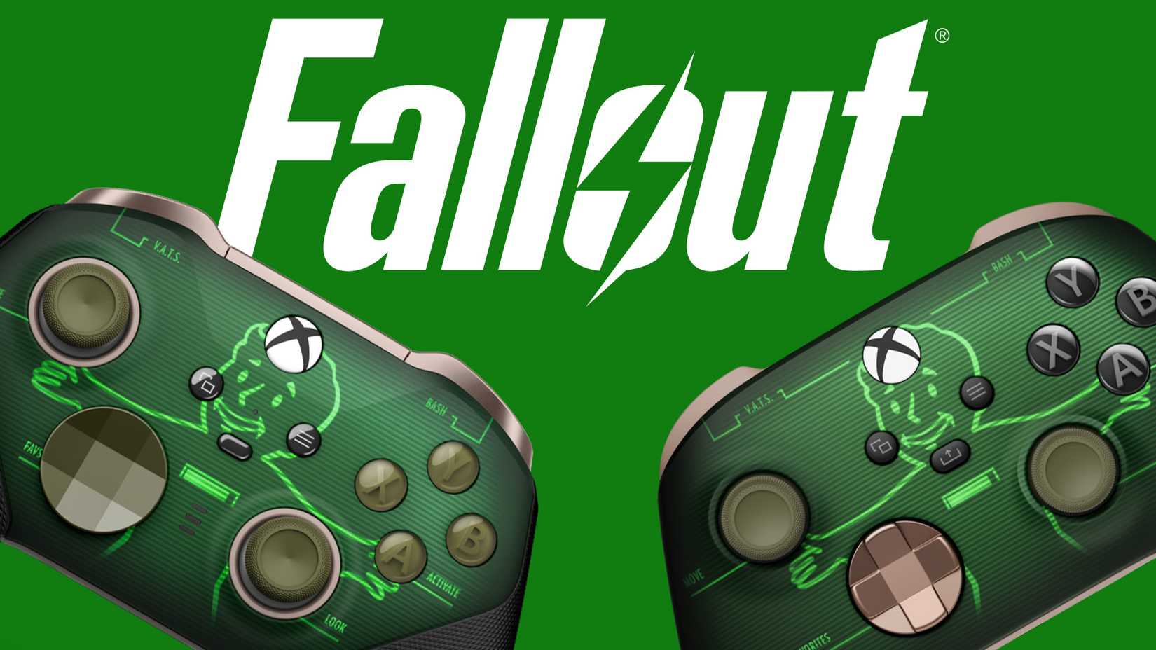 Fallout Pip-Boy Xbox controllers below series logo green background composite