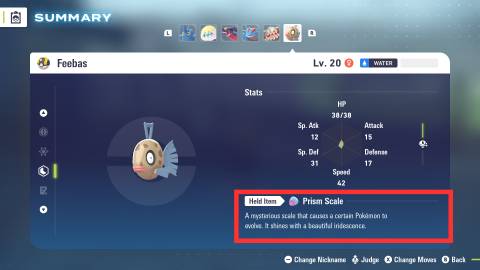 feebas holding prism scale pokemon legends za