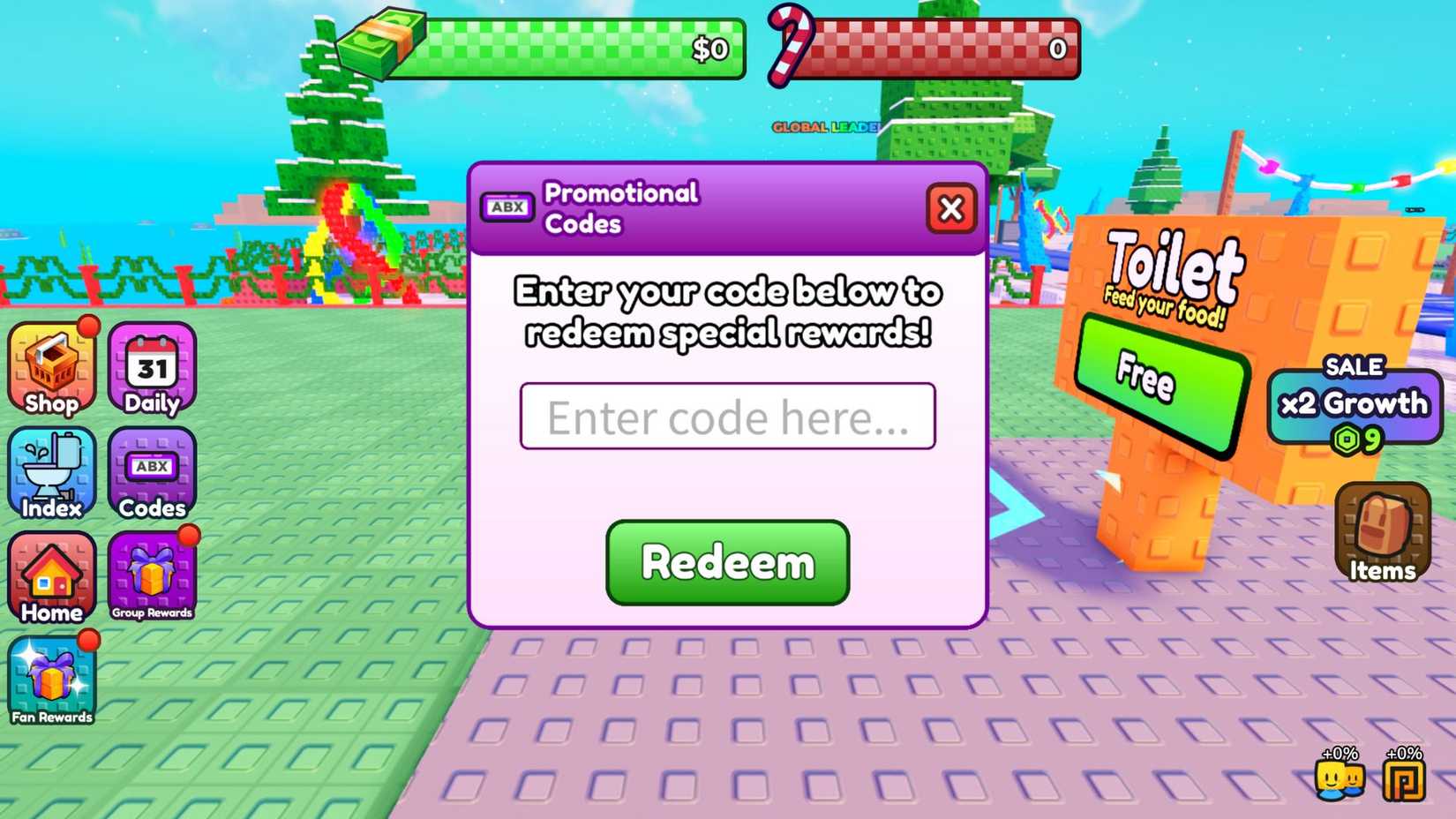 Feed Your Toilet - the codes tab