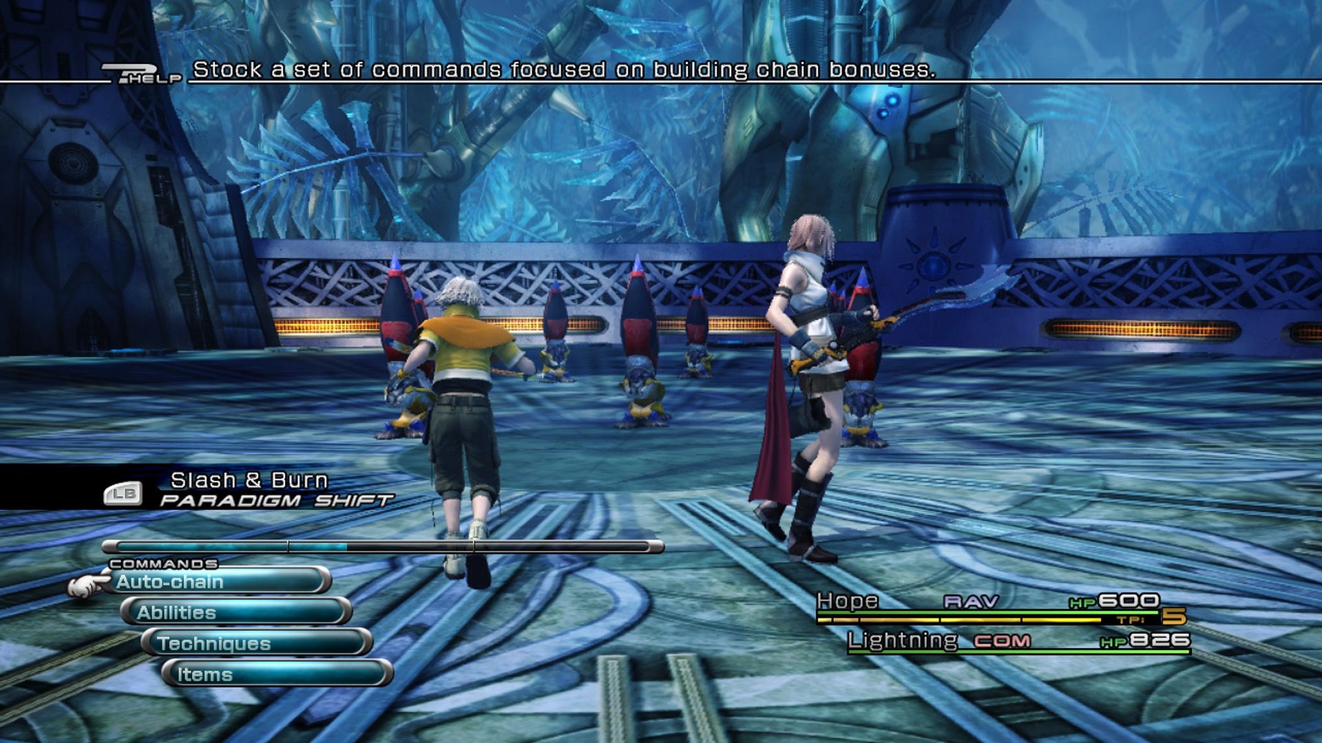 Fighting a battle with Hope and Lightning in Final Fantasy 13 (2010)