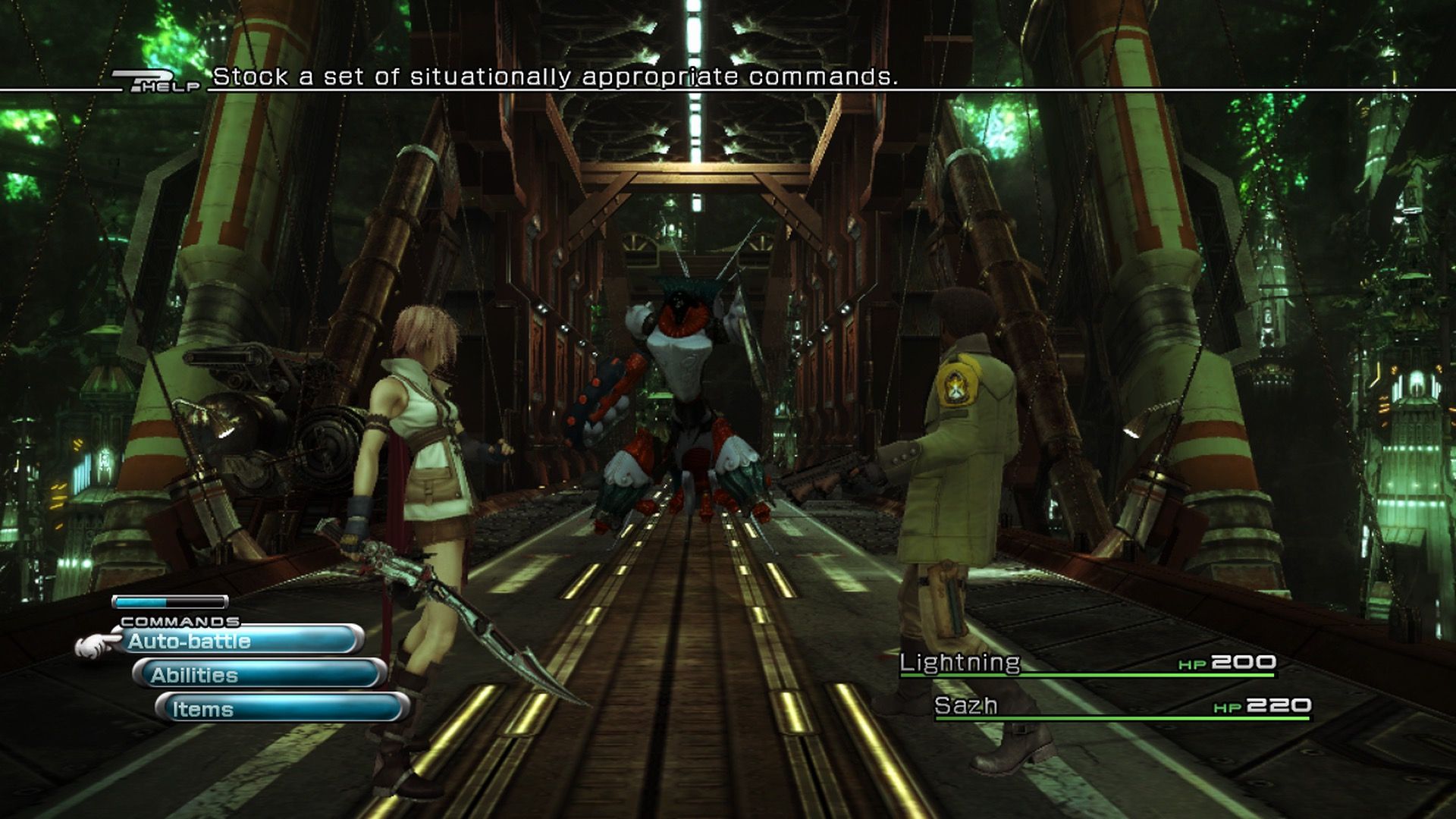 Fighting a battle with Lightning and Sazh in Final Fantasy 13 (2010)