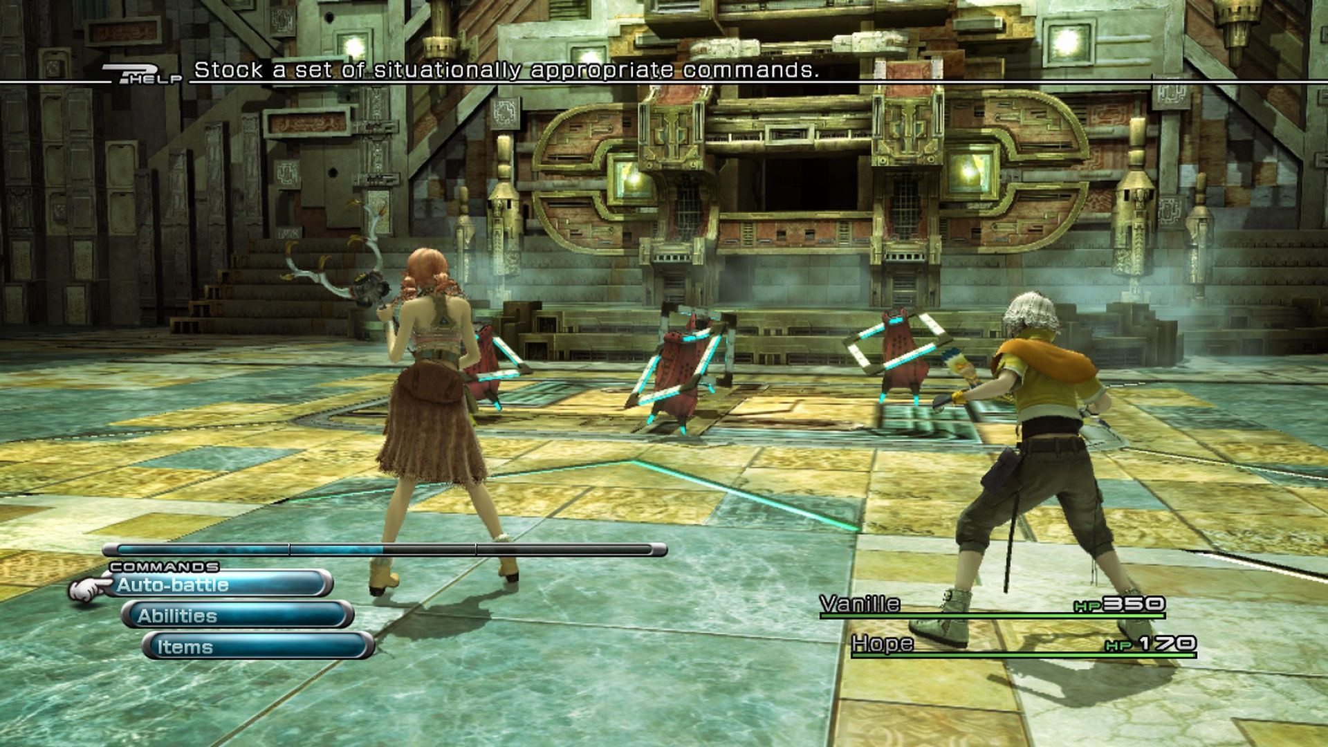 Fighting a battle with Vanille and Hope in Final Fantasy 13 (2010)