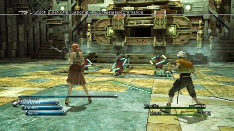 Fighting a battle with Vanille and Hope in Final Fantasy 13 (2010)