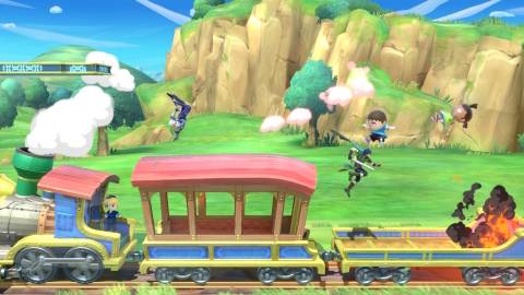 Fighting a match on a train in Super Smash Bros Ultimate