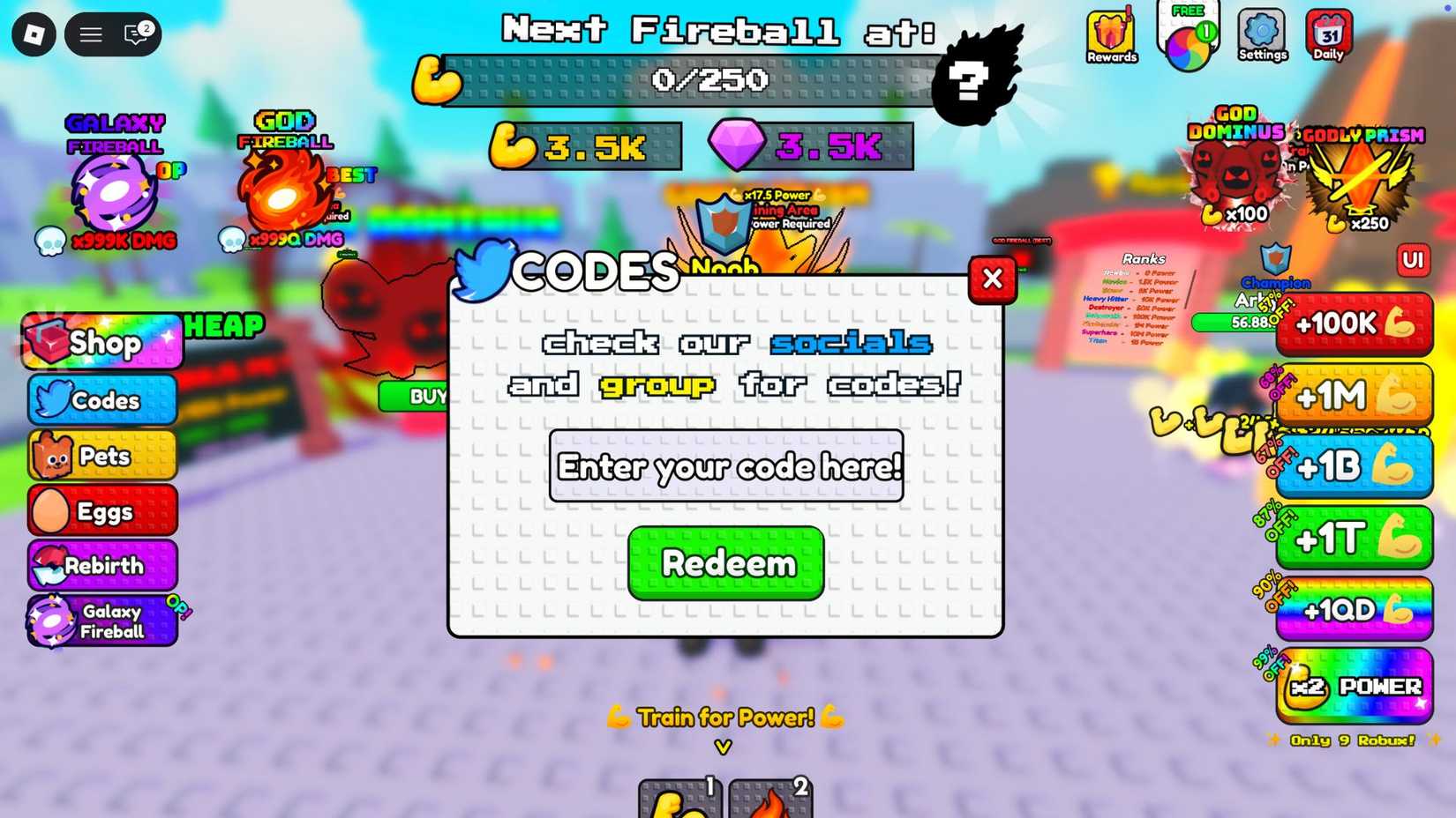 Fireball Training the codes tab