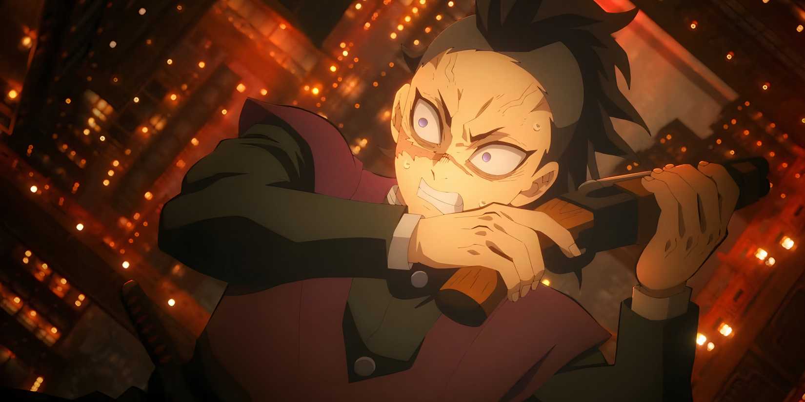 Genya Shinazugawa holds a shotgun as he falls in Infinity Castle