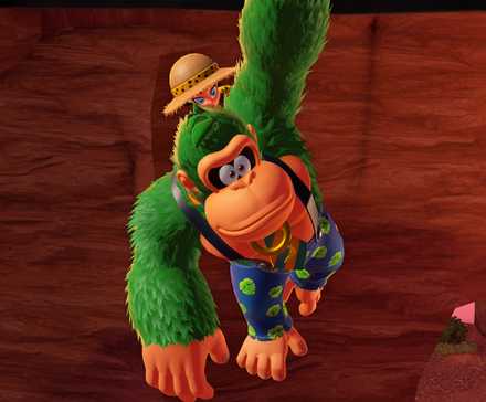 Green DK and Pauline hanging in Donkey Kong Bananza