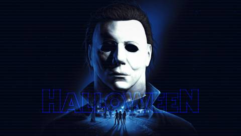 Halloween game Michael Myers concept art with horizontal lines neon blue logo composite