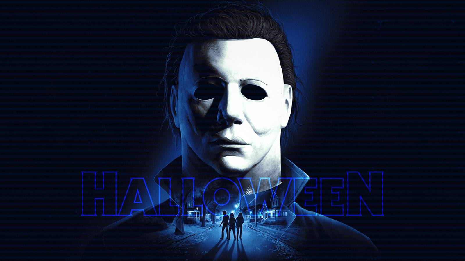 Halloween game Michael Myers concept art with horizontal lines neon blue logo composite