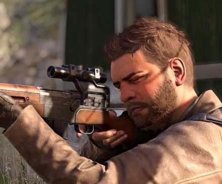 Harry membidik senapannya di Sniper Elite Resistance