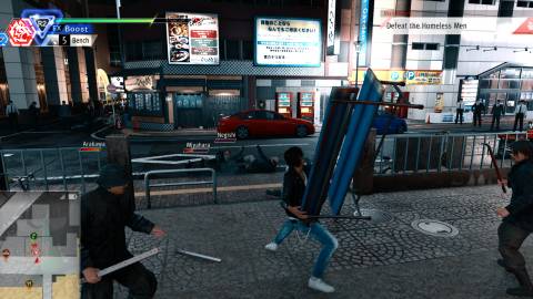 Holding a bench during combat in Judgment (2019)