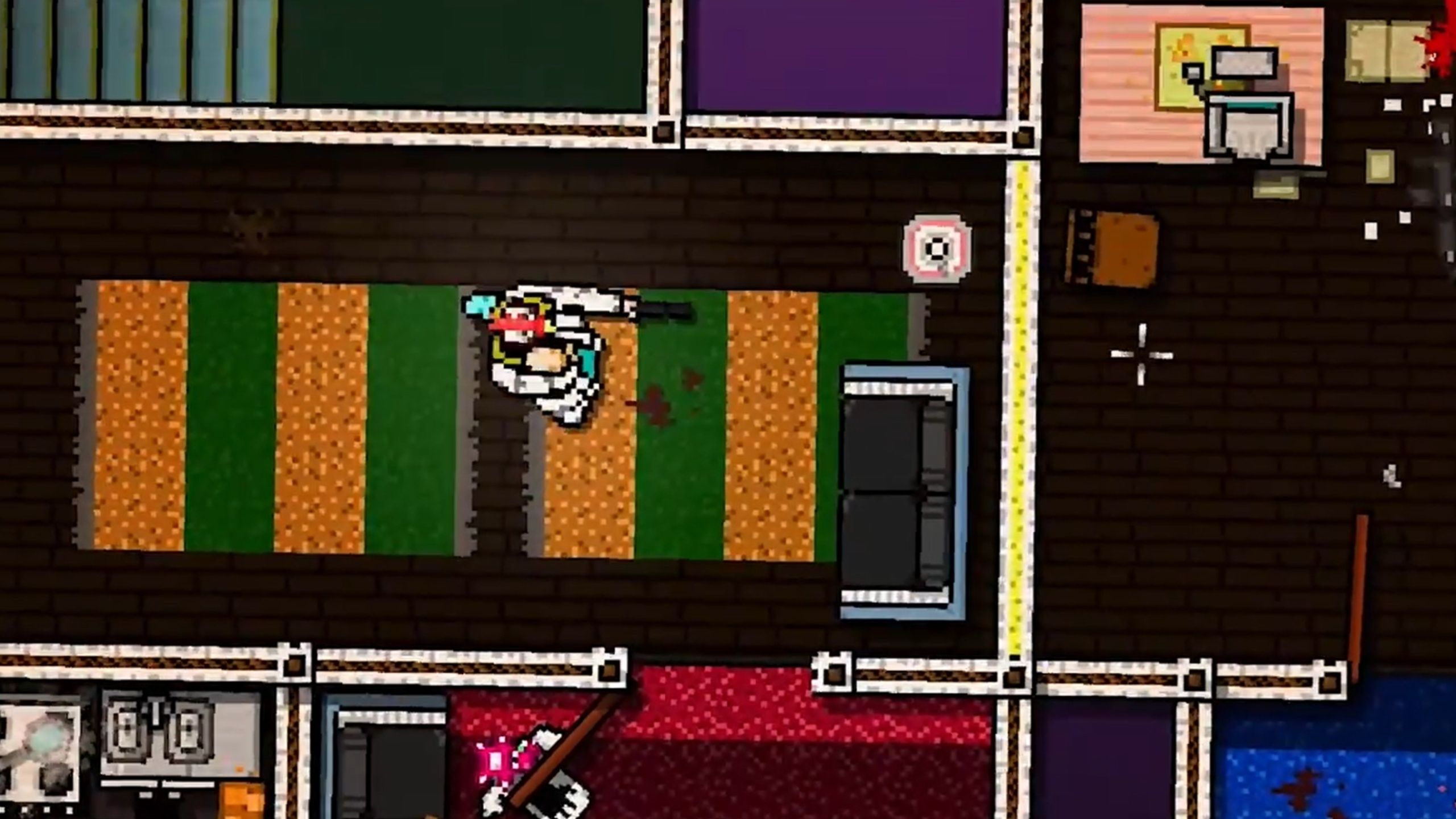 Perisai manusia di Hotline Miami, menunjukkan fitur rahasia gameplay